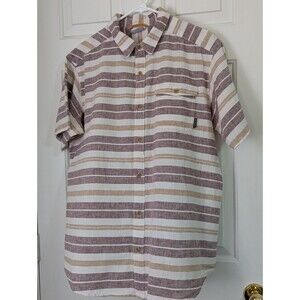 Columbia Button Shirt Mens Large Linen Blend Brown White Striped Logo Outdoor